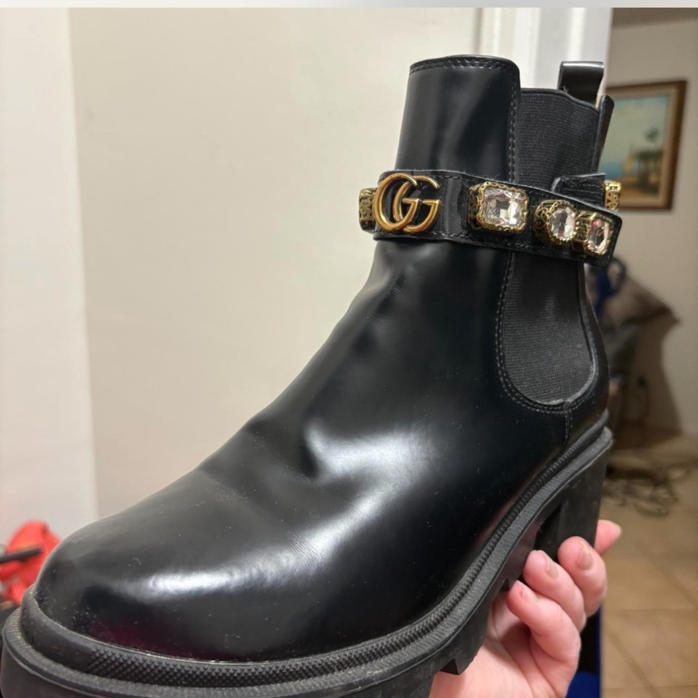 Black Leather Ankle Boots with Gold Accents euro size 41